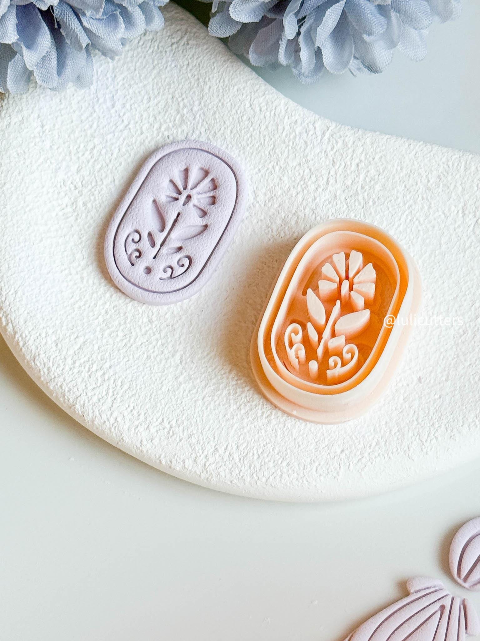 Floral Clay Earring Cutter Oval Imprint Cutter with Folk-Inspired Flower Design