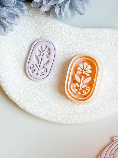 Floral Clay Earring Cutter Oval Imprint Cutter with Folk-Inspired Flower Design