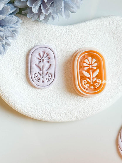 Floral Clay Earring Cutter Oval Imprint Cutter with Folk-Inspired Flower Design