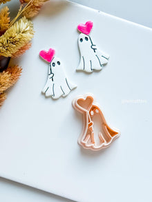 Ghost Holding Heart Balloon Clay Earring Cutter: Halloween Valentine Charm