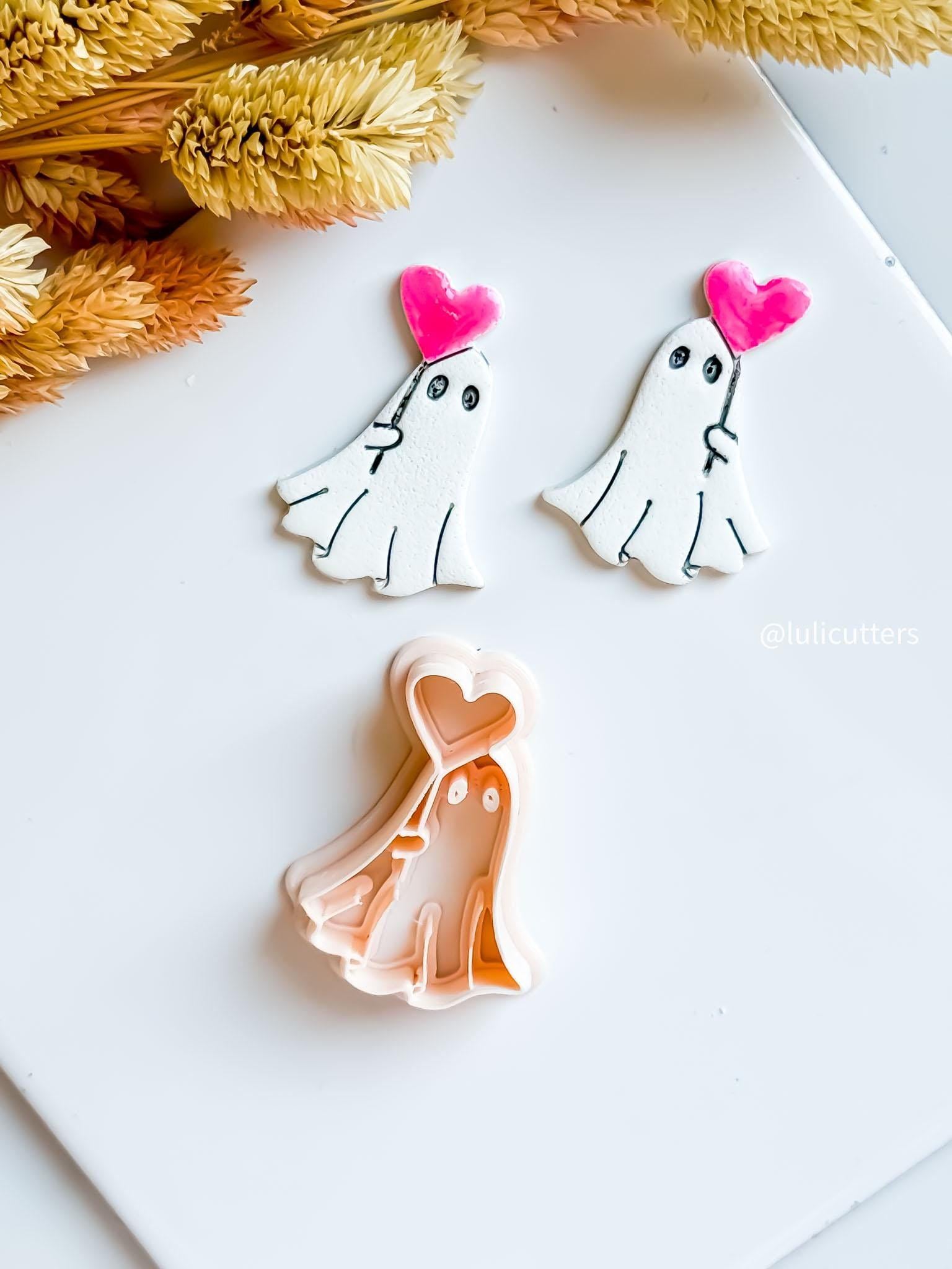 Ghost Holding Heart Balloon Clay Earring Cutter: Halloween Valentine Charm