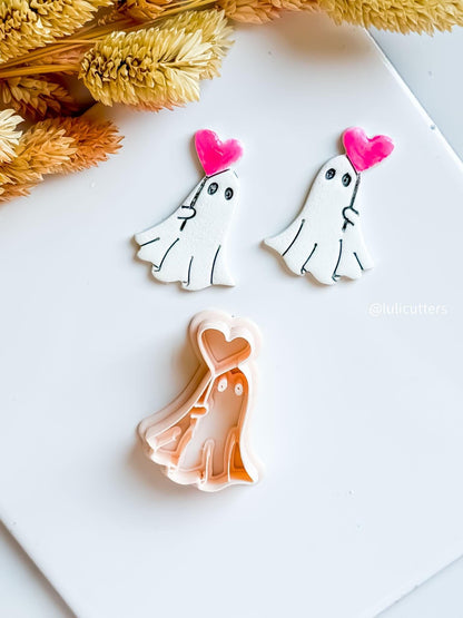 Ghost Holding Heart Balloon Clay Earring Cutter: Halloween Valentine Charm
