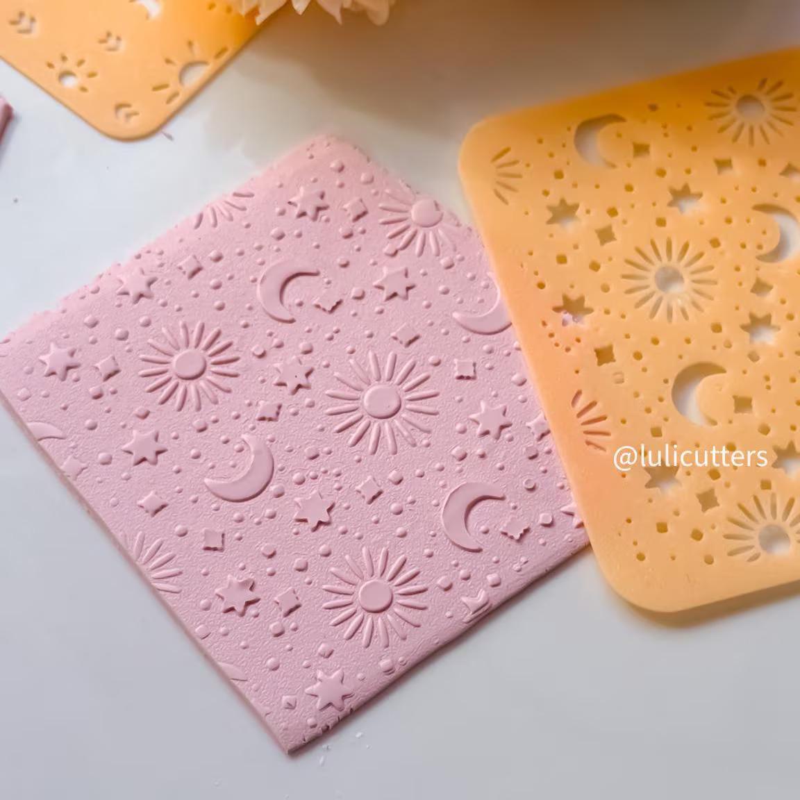 Sun Moon Stars Polymer Clay Stencil Celestial Texture Sheet for Jewelry, Earrings, and Crafts