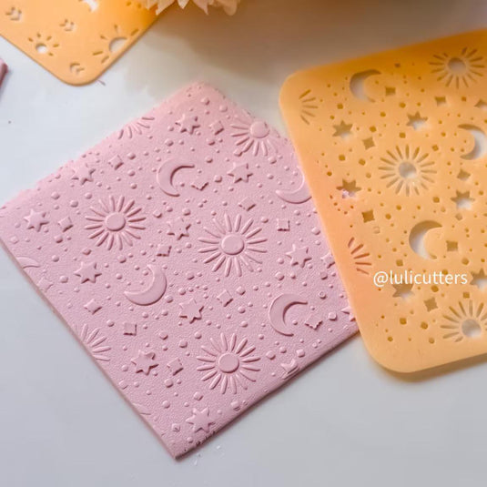 Sun Moon Stars Polymer Clay Stencil Celestial Texture Sheet for Jewelry, Earrings, and Crafts