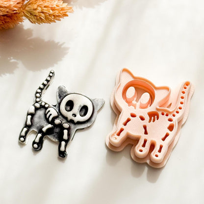 Skeleton Cat Clay Cutter: Halloween Polymer Earrings, Pins Mold (42mm)
