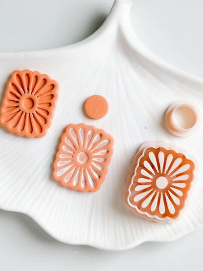 Scalloped Daisy Burst Polymer Clay Cutter Set Floral Square with Matching Center Circle