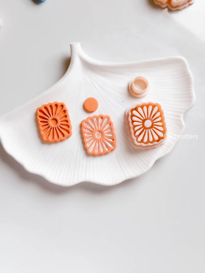 Scalloped Daisy Burst Polymer Clay Cutter Set Floral Square with Matching Center Circle