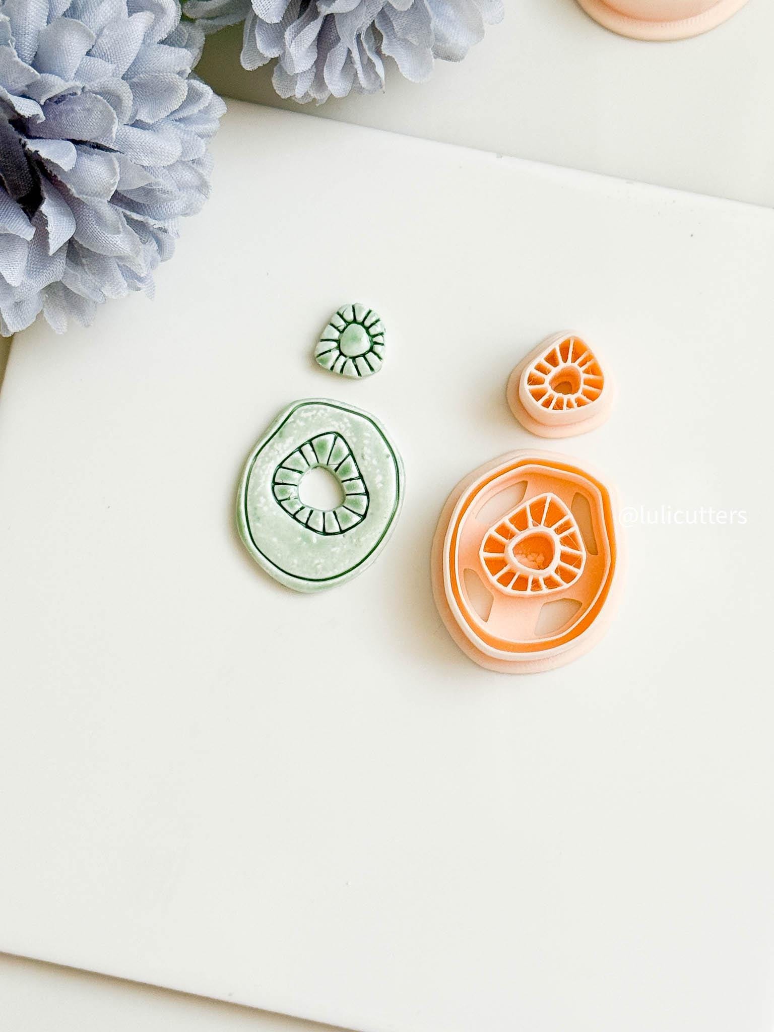 Organic Shape Clay Earring Cutter Set Includes Oval Topper + Abstract Base with Radiating Imprint