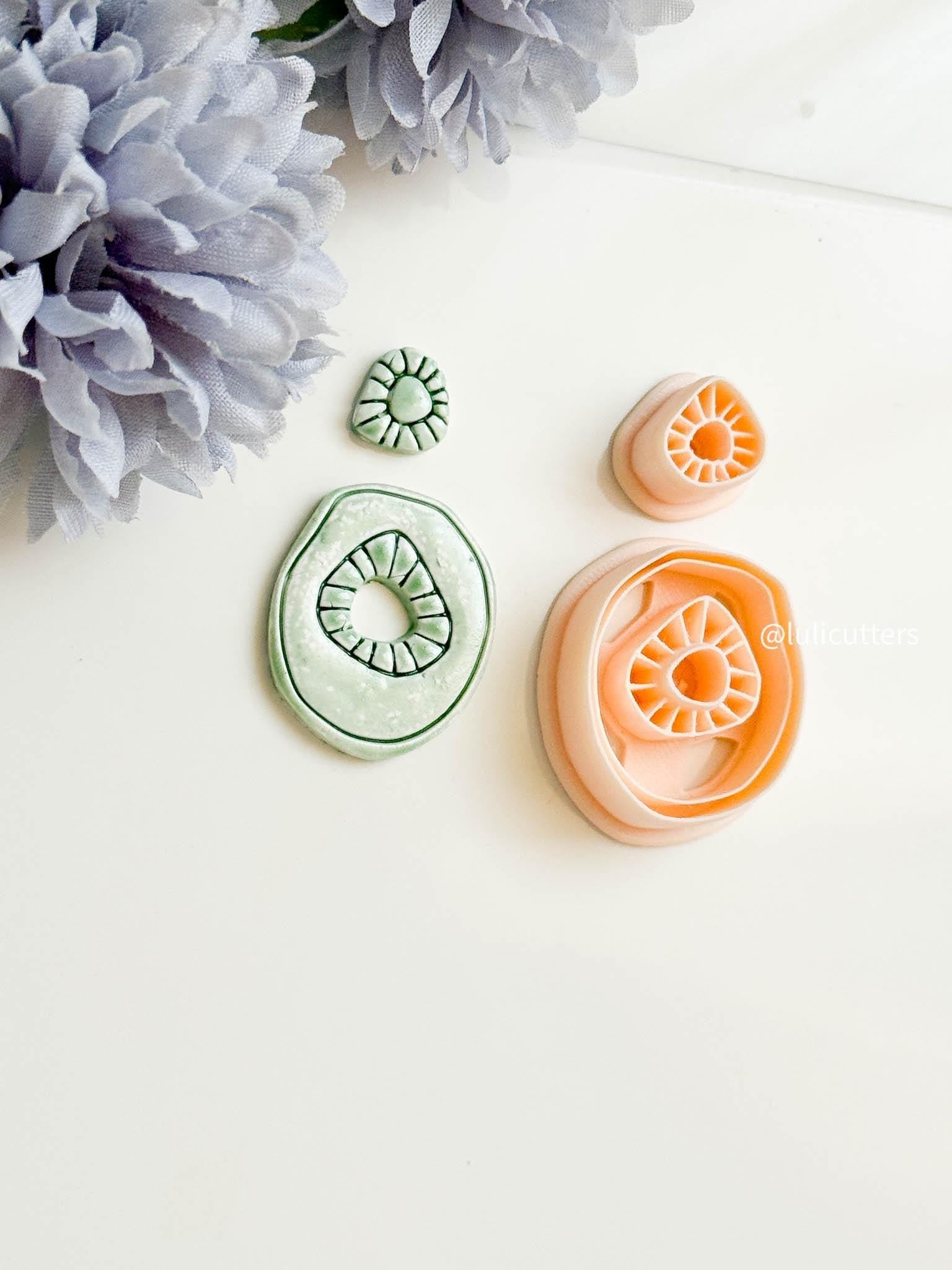 Organic Shape Clay Earring Cutter Set Includes Oval Topper + Abstract Base with Radiating Imprint