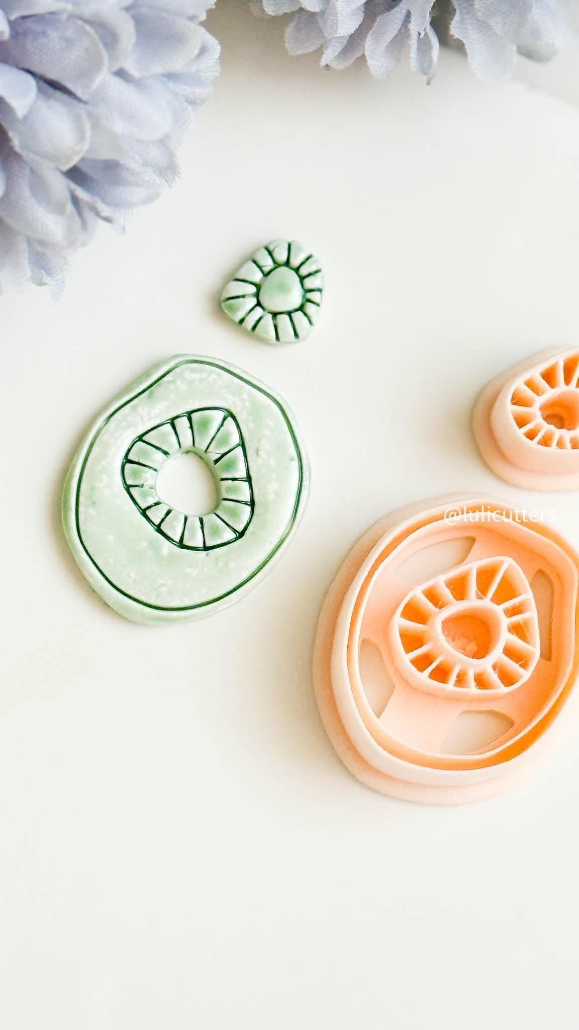 Organic Shape Clay Earring Cutter Set Includes Oval Topper + Abstract Base with Radiating Imprint