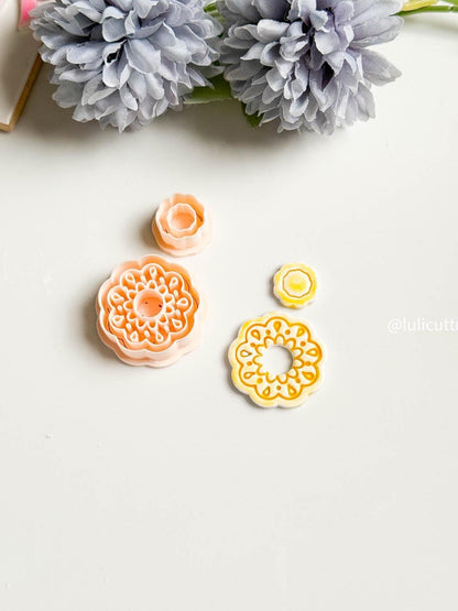 Faux Ceramic Flower Clay Cutter Set Lacey Debossed Design with Open Center