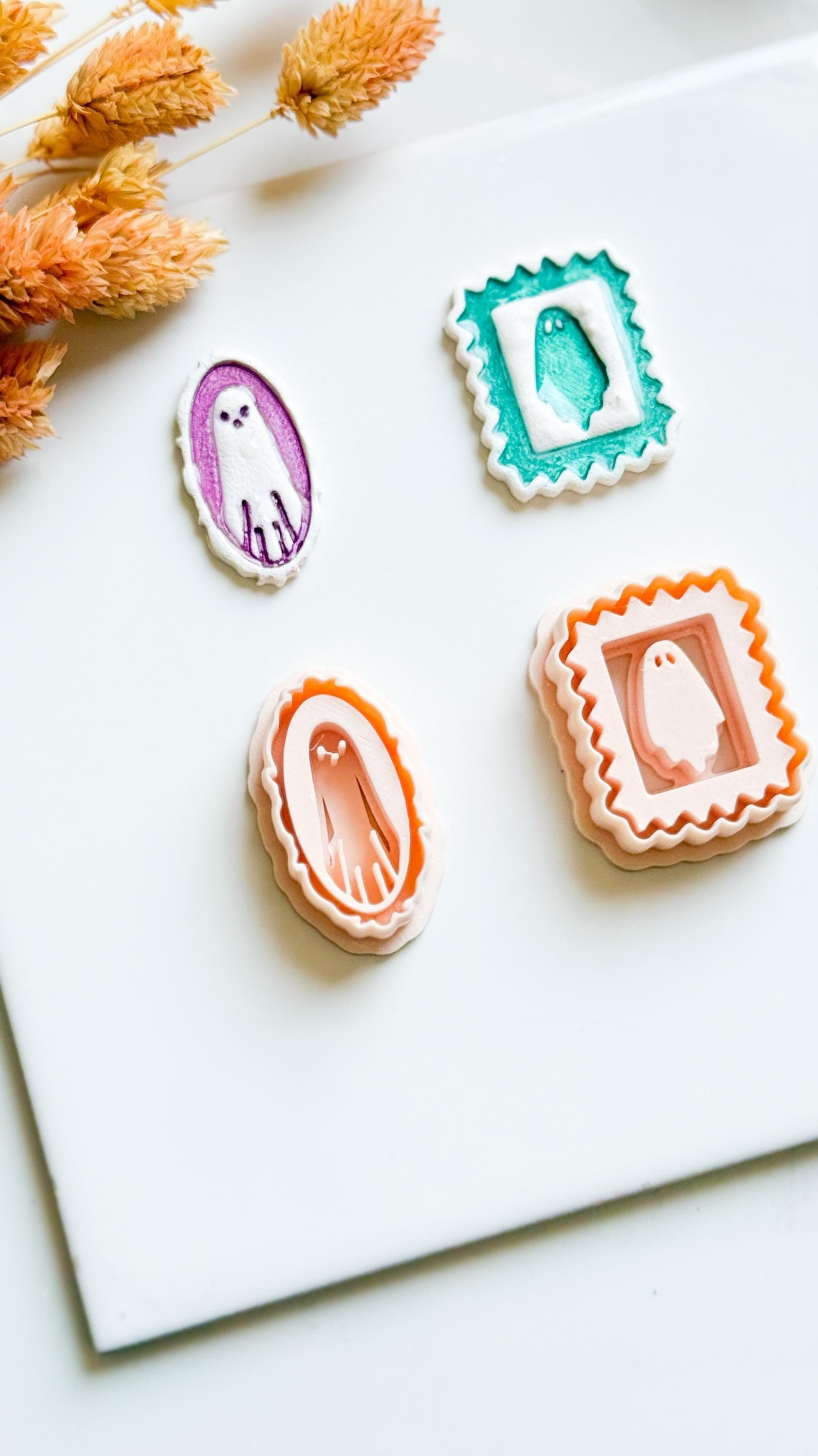 Framed & Oval Ghost Cutters Halloween Stamp-Style Polymer Clay Earring Mold Set (2 Design Options)