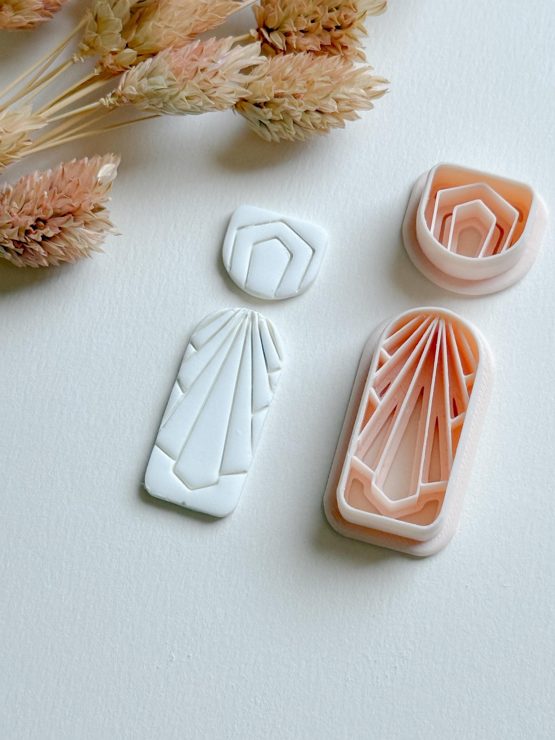 Art Deco Clay Cutter Set: Geometric Jewelry Molds - 34mm Base, 14mm Topper