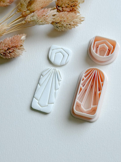 Art Deco Clay Cutter Set: Geometric Jewelry Molds - 34mm Base, 14mm Topper