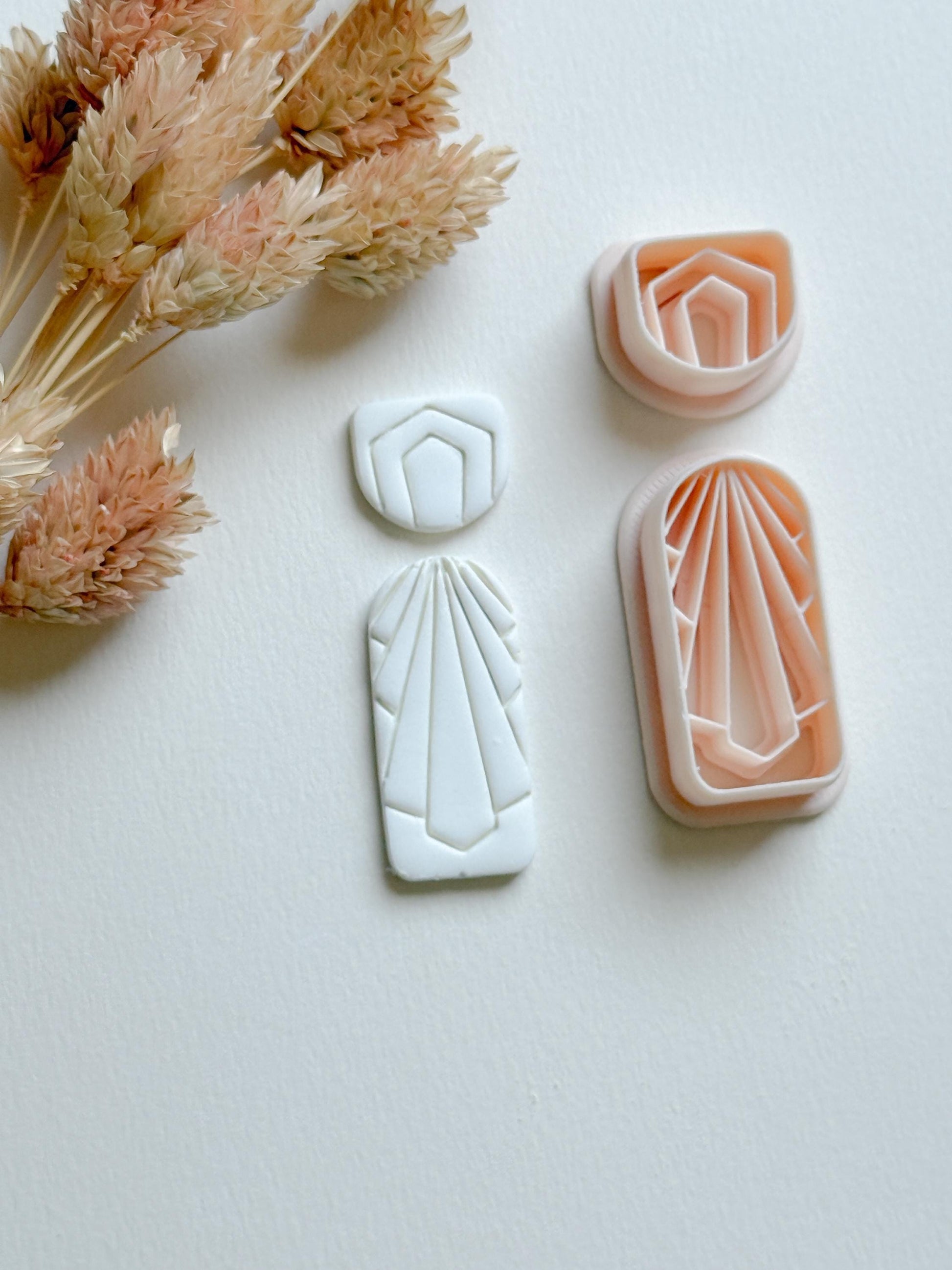 Art Deco Clay Cutter Set: Geometric Jewelry Molds - 34mm Base, 14mm Topper