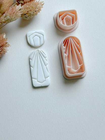 Art Deco Clay Cutter Set: Geometric Jewelry Molds - 34mm Base, 14mm Topper