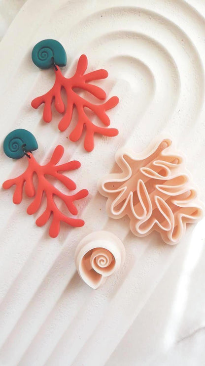 Coral Reef Earring Cutter Set Ocean Branch & Spiral Shell Polymer Clay Cutter Duo