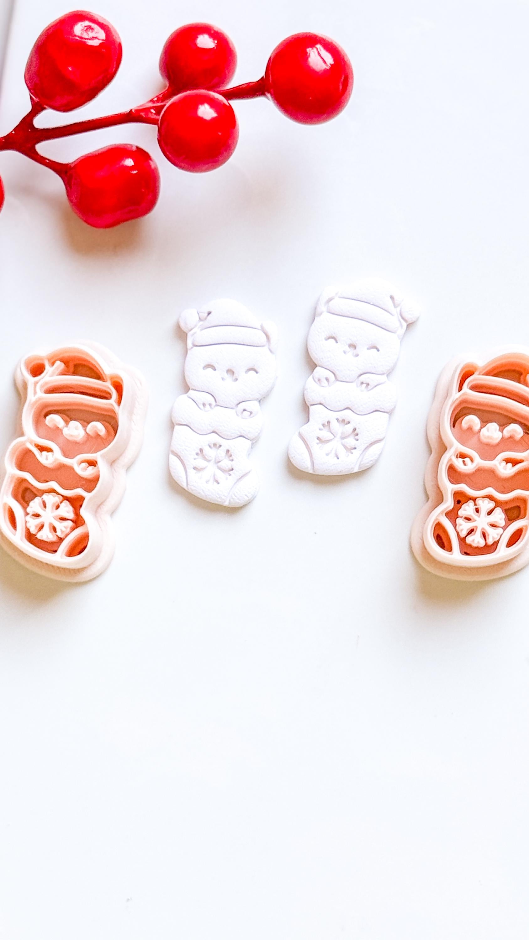 Christmas Cat in Stocking Clay Cutter – Holiday Polymer Clay Earring or Charm Shape