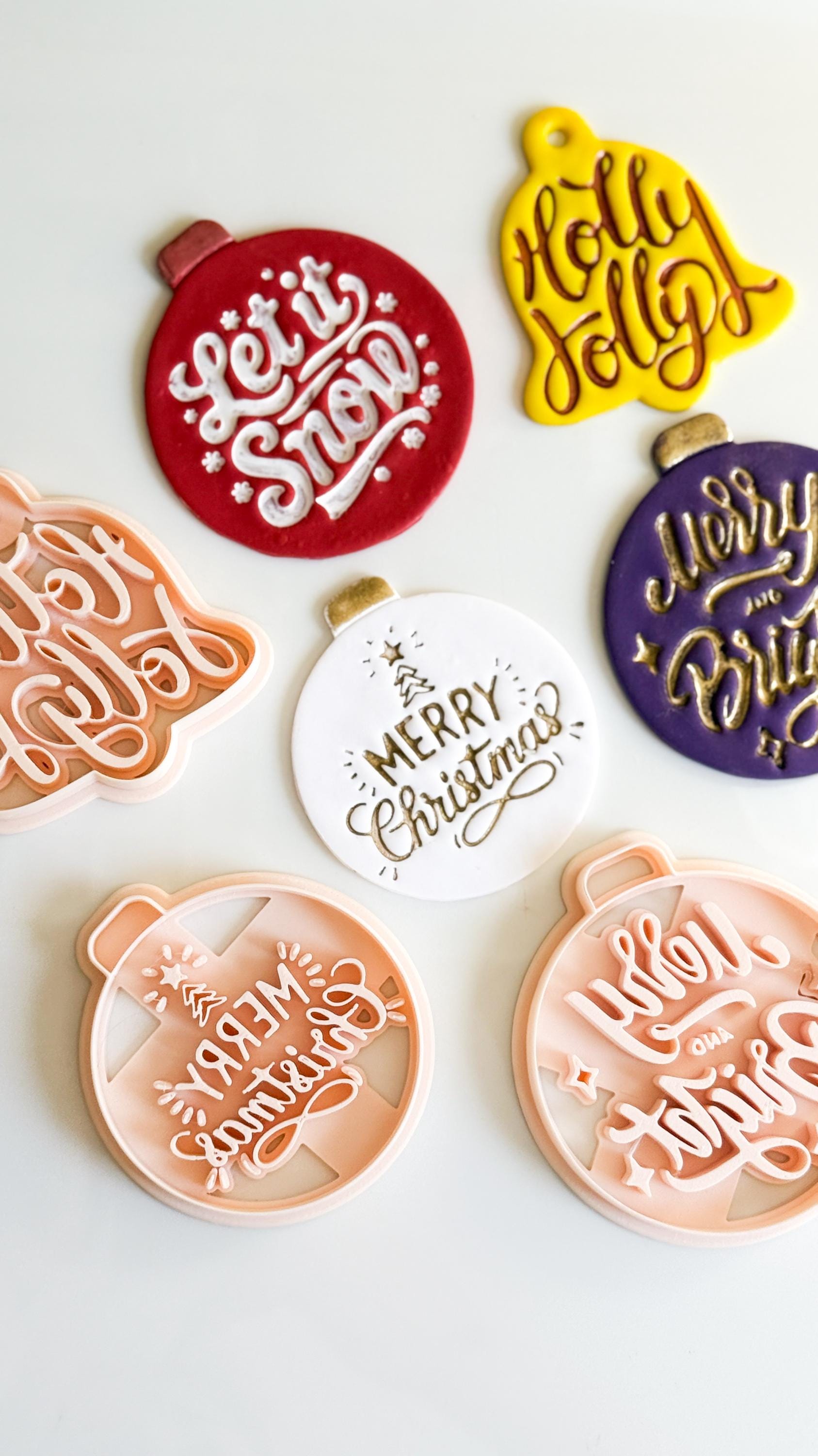 Christmas Ornament & Bell Polymer Clay Cutter Set – Engraved Holiday Phrases