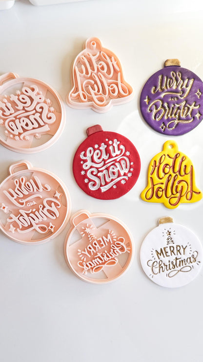 Christmas Ornament & Bell Polymer Clay Cutter Set – Engraved Holiday Phrases