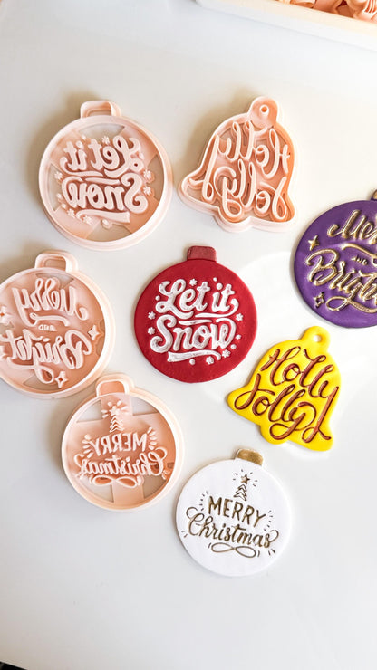 Christmas Ornament & Bell Polymer Clay Cutter Set – Engraved Holiday Phrases