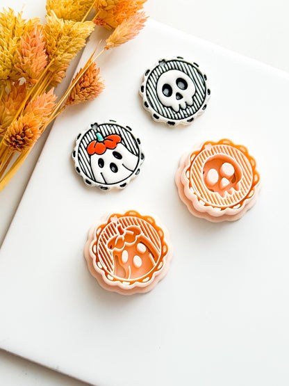 Skull & Floral Ghost Cameo Clay Cutter Set Cute Halloween Earring or Charm Cutter with Scalloped Frame