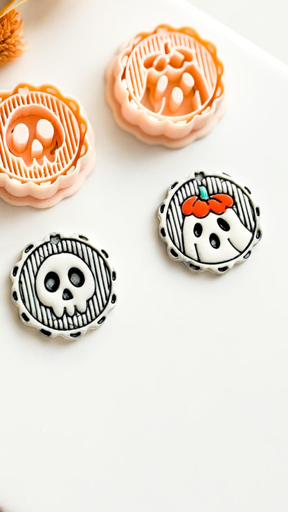 Skull & Floral Ghost Cameo Clay Cutter Set Cute Halloween Earring or Charm Cutter with Scalloped Frame