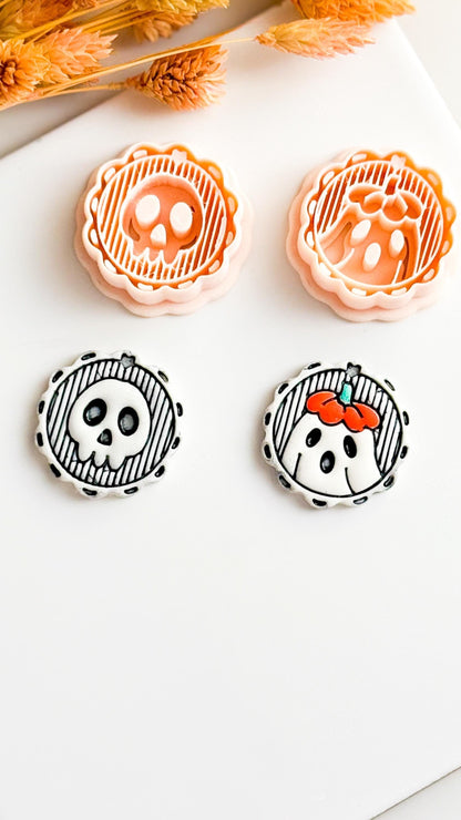 Skull & Floral Ghost Cameo Clay Cutter Set Cute Halloween Earring or Charm Cutter with Scalloped Frame