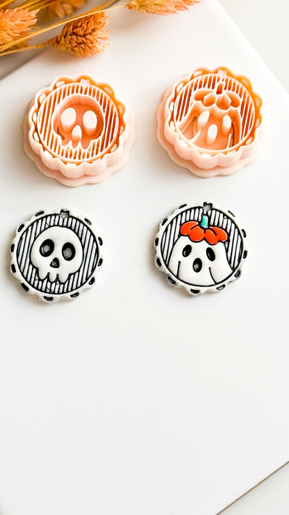 Skull & Floral Ghost Cameo Clay Cutter Set Cute Halloween Earring or Charm Cutter with Scalloped Frame
