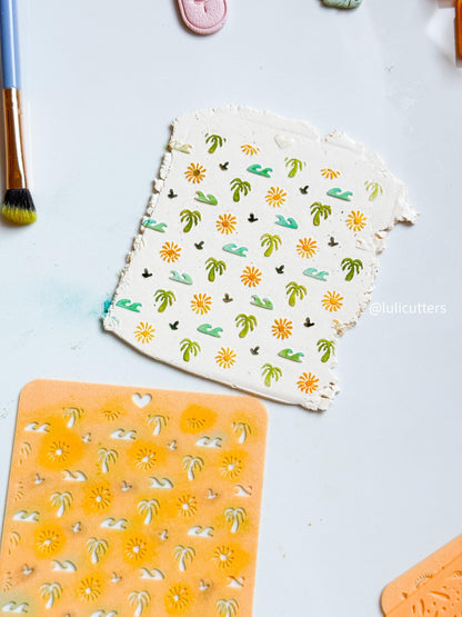 Tropical Summer Stencil Palm Tree, Waves & Sun Pattern for Polymer Clay