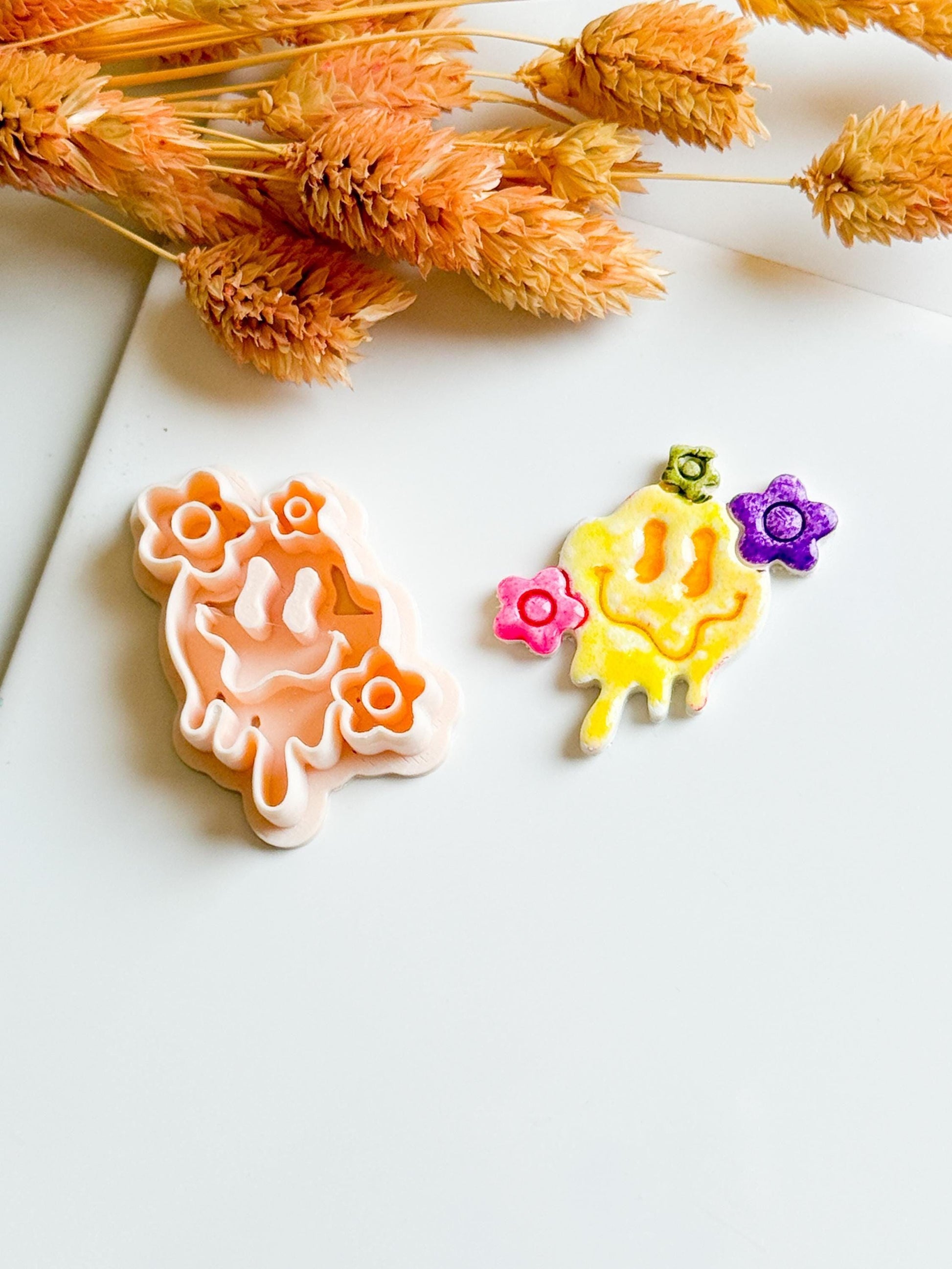 Melting Smiley Face Clay Cutter: Halloween Flowers, Polymer Clay Mold