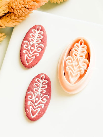 Oval Folk Art Heart Clay Earring Cutter with Imprint Design