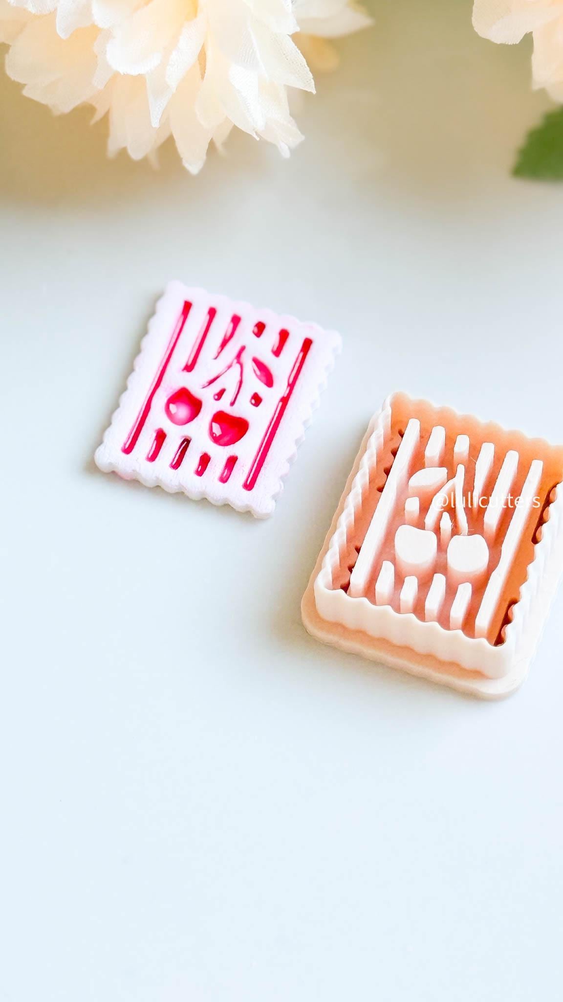 Cherry Striped Clay Cutter Scalloped Square Imprint Design