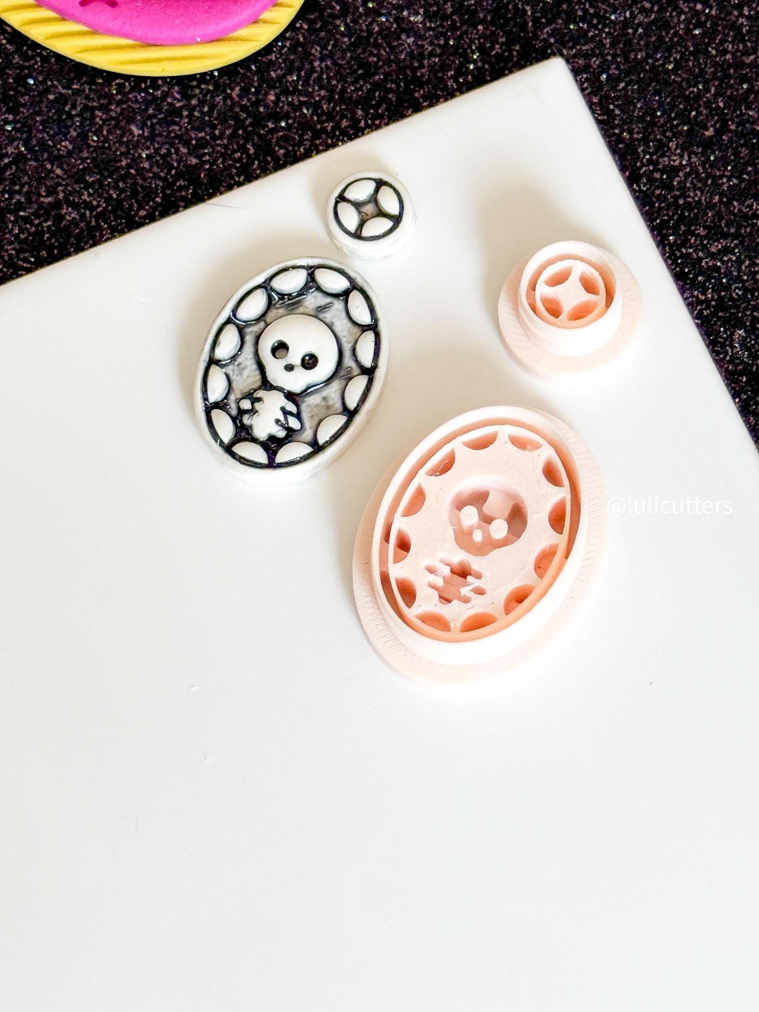Skull Cameo Clay Earring - Charm Cutter Spooky Oval Frame with Matching Topper