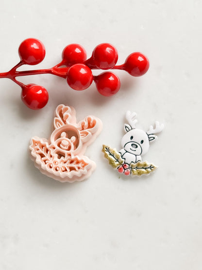 Reindeer with Holly Clay Cutter – Christmas Polymer Clay Stud Shape