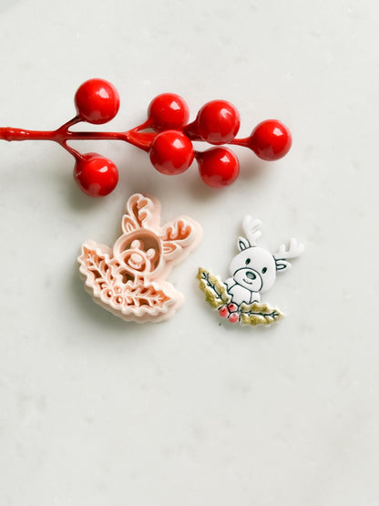 Reindeer with Holly Clay Cutter – Christmas Polymer Clay Stud Shape