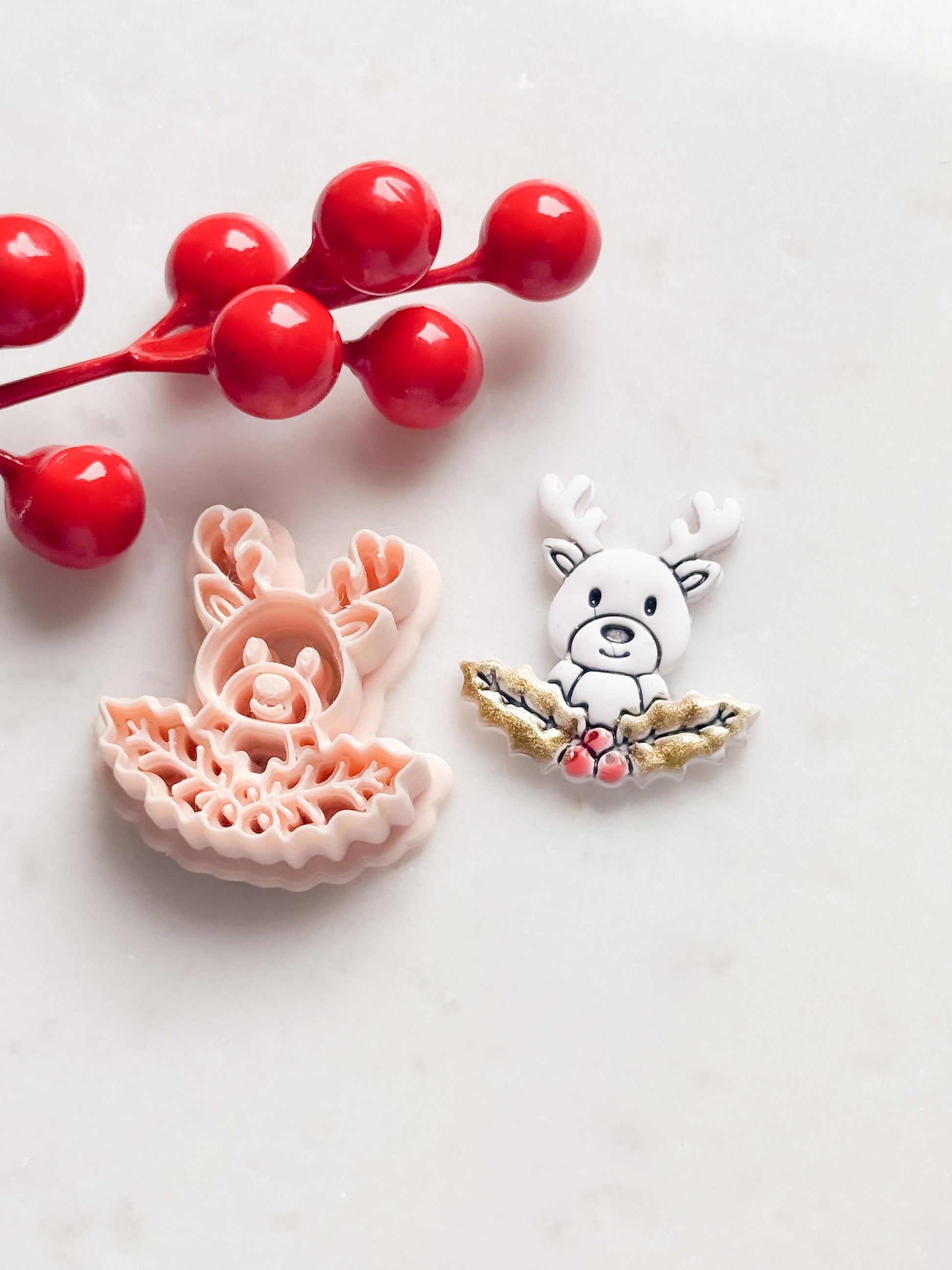 Reindeer with Holly Clay Cutter – Christmas Polymer Clay Stud Shape