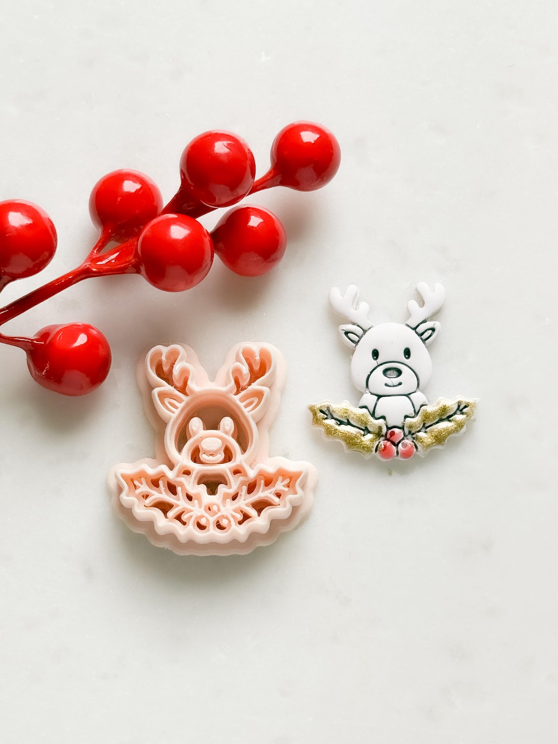 Reindeer with Holly Clay Cutter – Christmas Polymer Clay Stud Shape