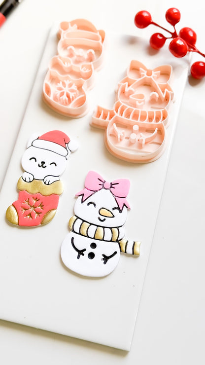 Cat in Stocking & Snowgirl Holiday Ornament Clay Cutter Set: Christmas Designs - Christmas tree decoration