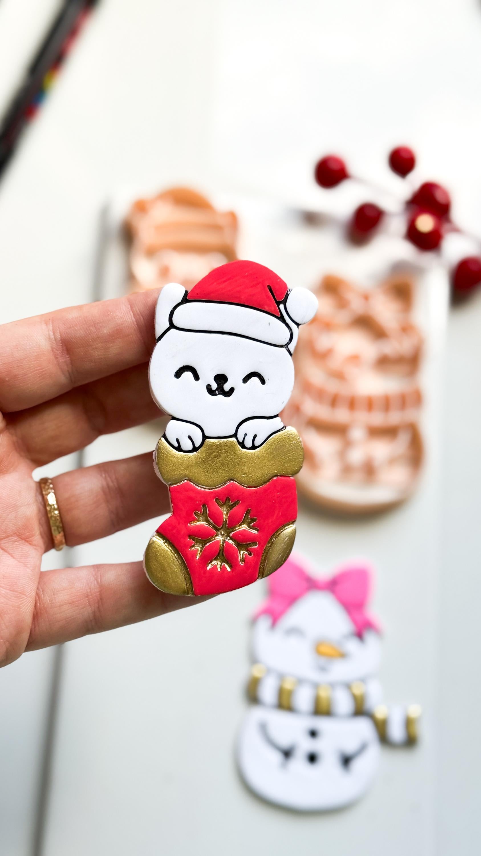 Cat in Stocking & Snowgirl Holiday Ornament Clay Cutter Set: Christmas Designs - Christmas tree decoration