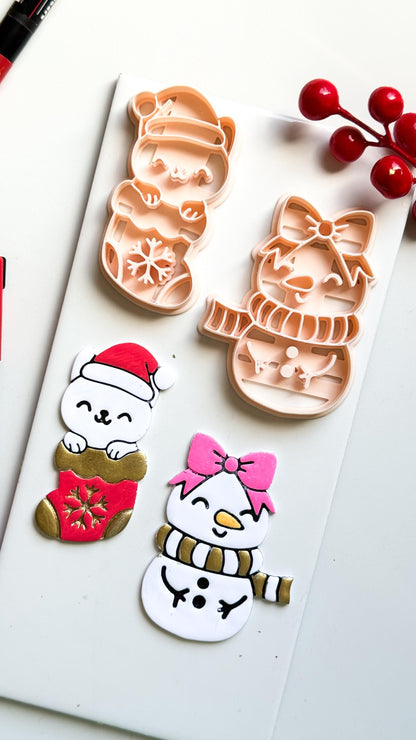 Cat in Stocking & Snowgirl Holiday Ornament Clay Cutter Set: Christmas Designs - Christmas tree decoration