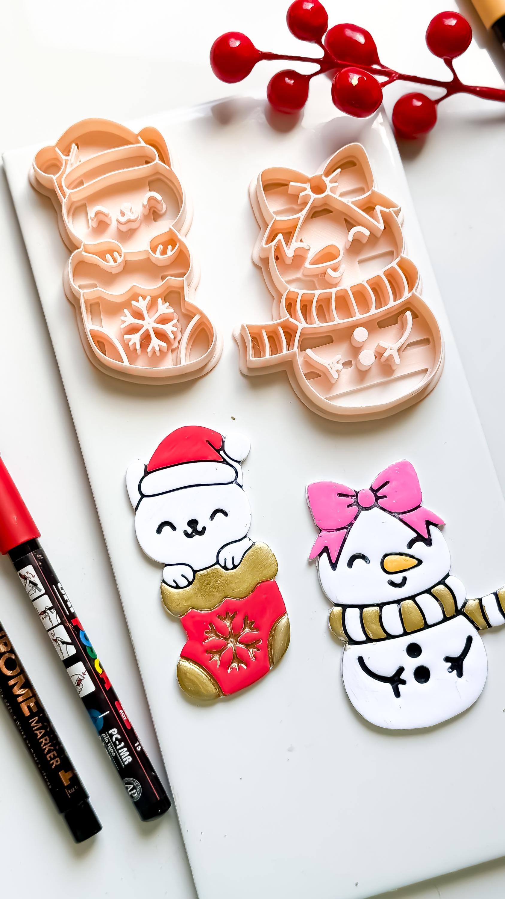 Cat in Stocking & Snowgirl Holiday Ornament Clay Cutter Set: Christmas Designs - Christmas tree decoration