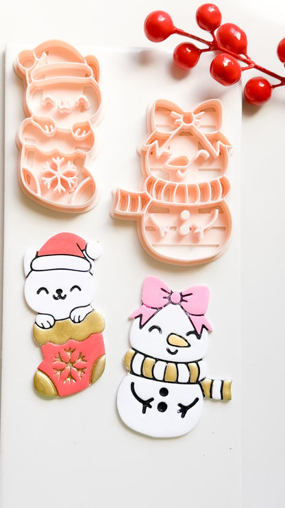 Cat in Stocking & Snowgirl Holiday Ornament Clay Cutter Set: Christmas Designs - Christmas tree decoration