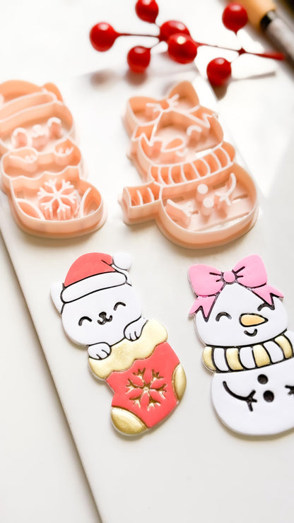 Cat in Stocking & Snowgirl Holiday Ornament Clay Cutter Set: Christmas Designs - Christmas tree decoration