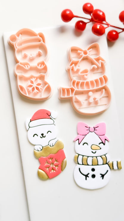 Cat in Stocking & Snowgirl Holiday Ornament Clay Cutter Set: Christmas Designs - Christmas tree decoration