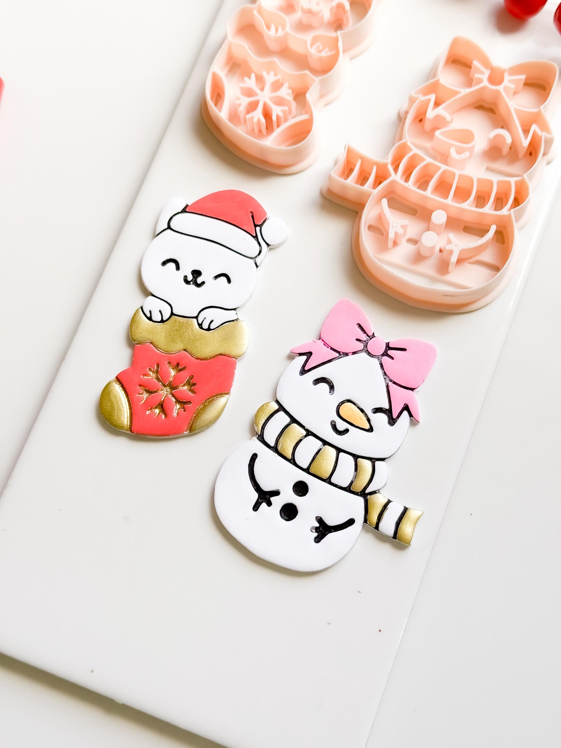 Cat in Stocking & Snowgirl Holiday Ornament Clay Cutter Set: Christmas Designs - Christmas tree decoration