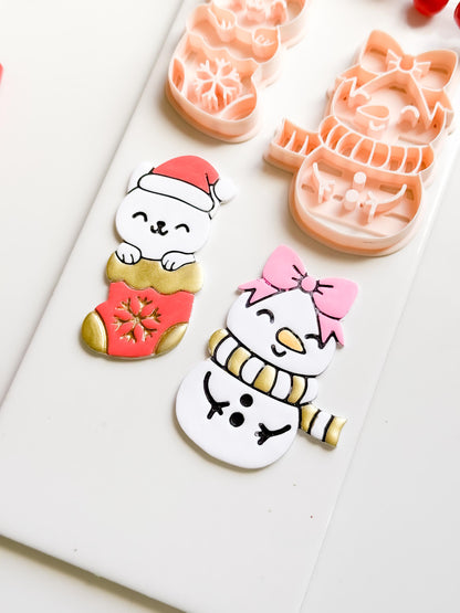 Cat in Stocking & Snowgirl Holiday Ornament Clay Cutter Set: Christmas Designs - Christmas tree decoration