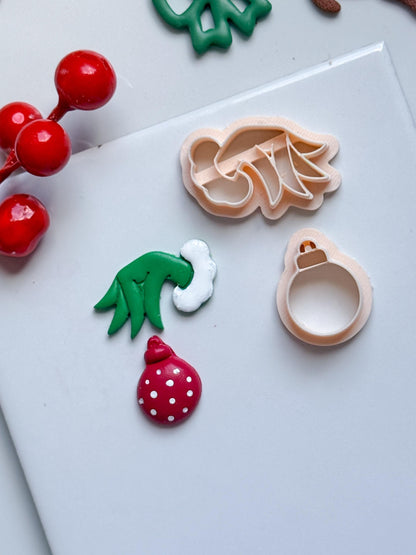 Grinch Hand with Ornament Clay Cutter: Christmas Earring Cutter for Polymer Clay