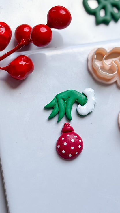 Grinch Hand with Ornament Clay Cutter: Christmas Earring Cutter for Polymer Clay