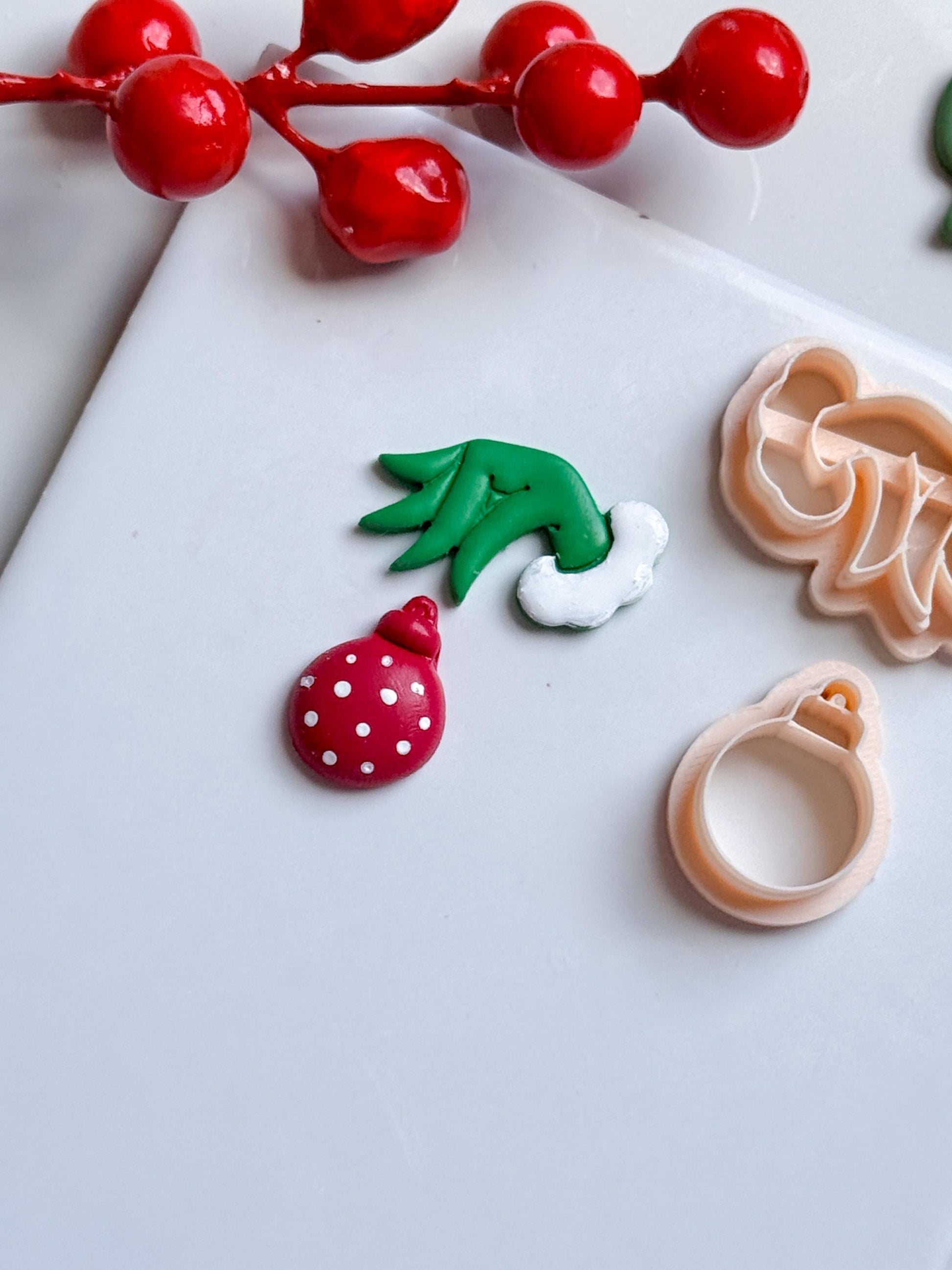 Grinch Hand with Ornament Clay Cutter: Christmas Earring Cutter for Polymer Clay